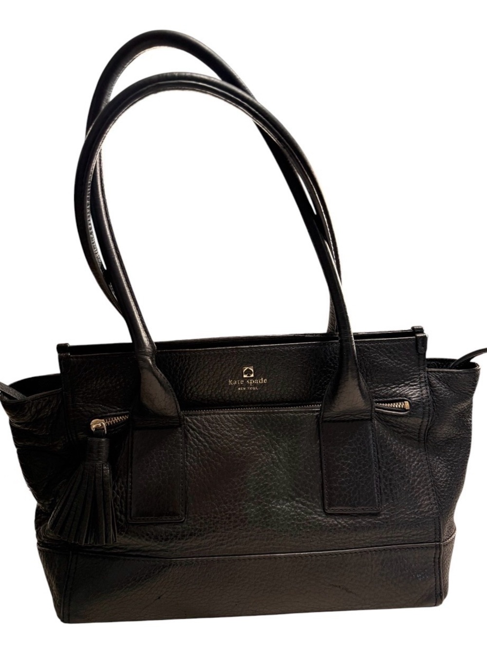 kate spade Black Leather Tote with Tassel Charm